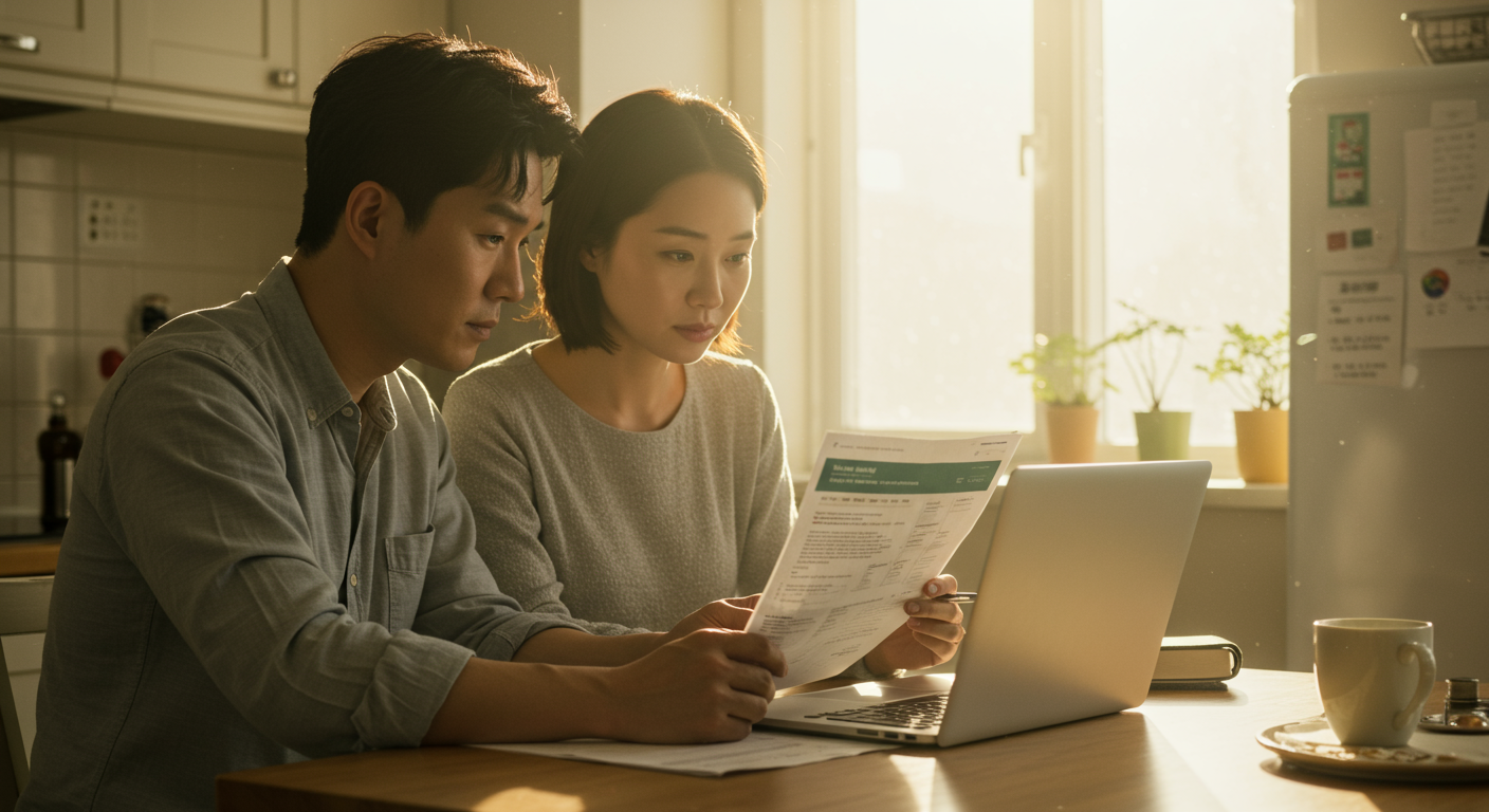 주방 테이블에서 재정 지원 프로그램 자격을 검토하는 한국 부부의 모습