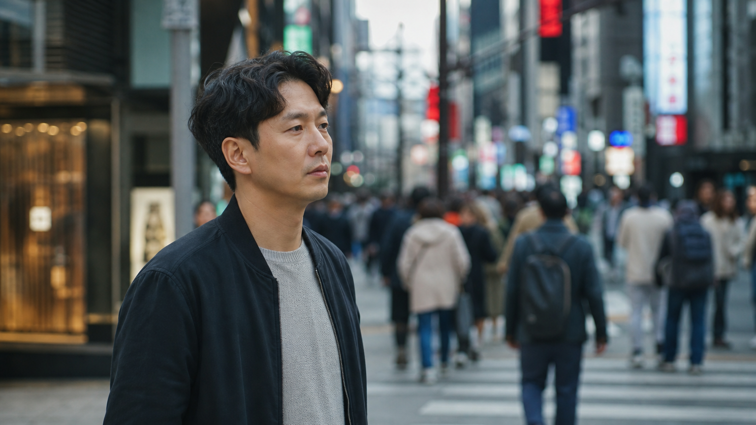 도시의 분주한 거리에서 사색에 잠긴 남성의 모습