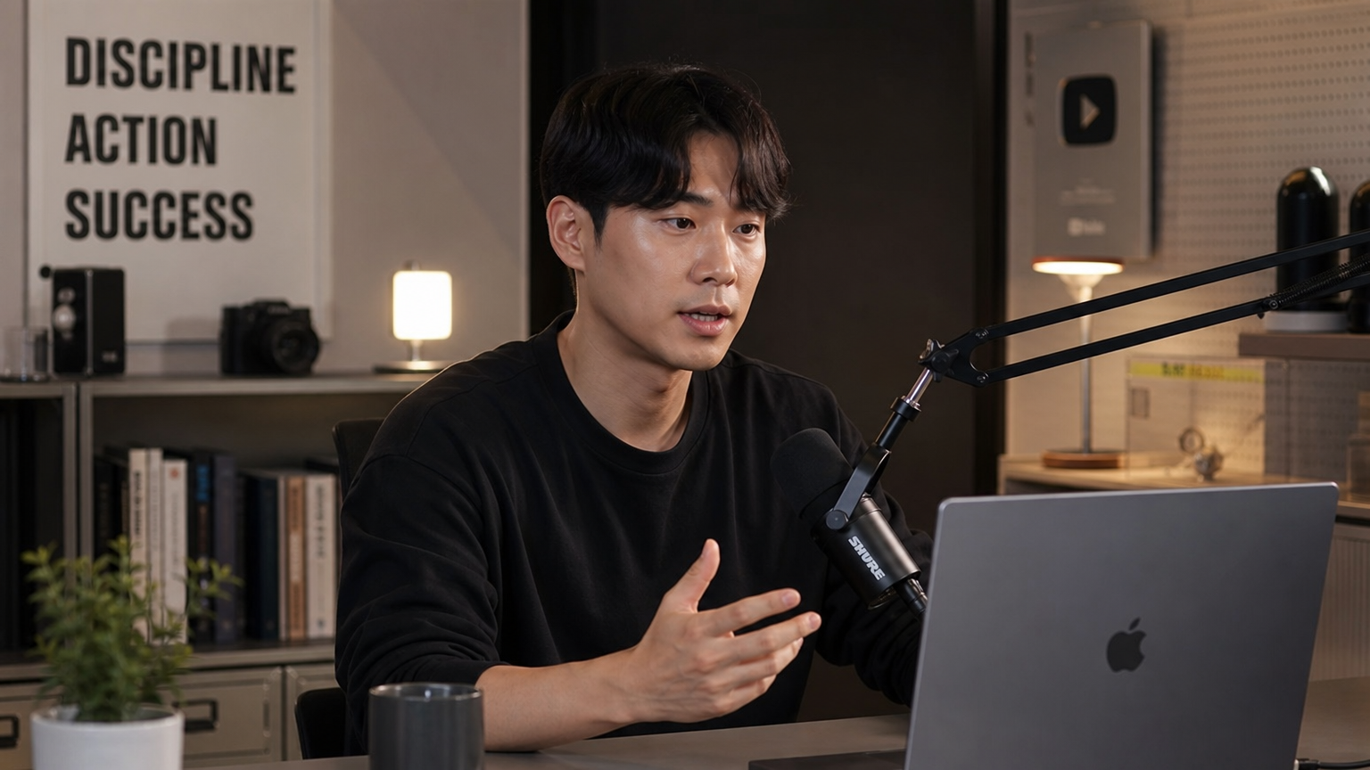 집에서 스튜디오 장비로 콘텐츠를 만드는 유튜버의 모습