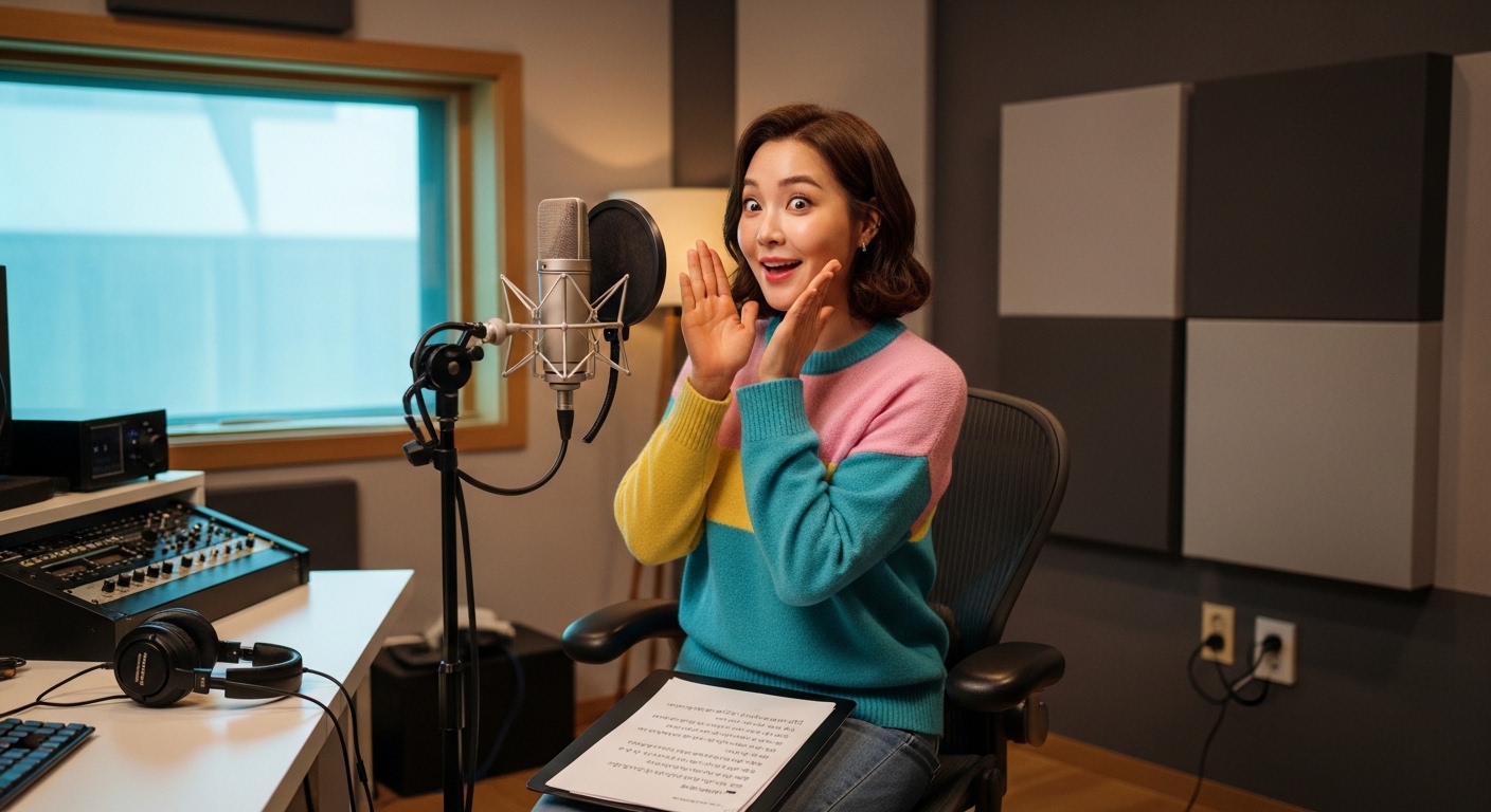 코지한 스튜디오에서 애니메이션 캐릭터를 능청스럽게 표현하는 한국 여성 성우