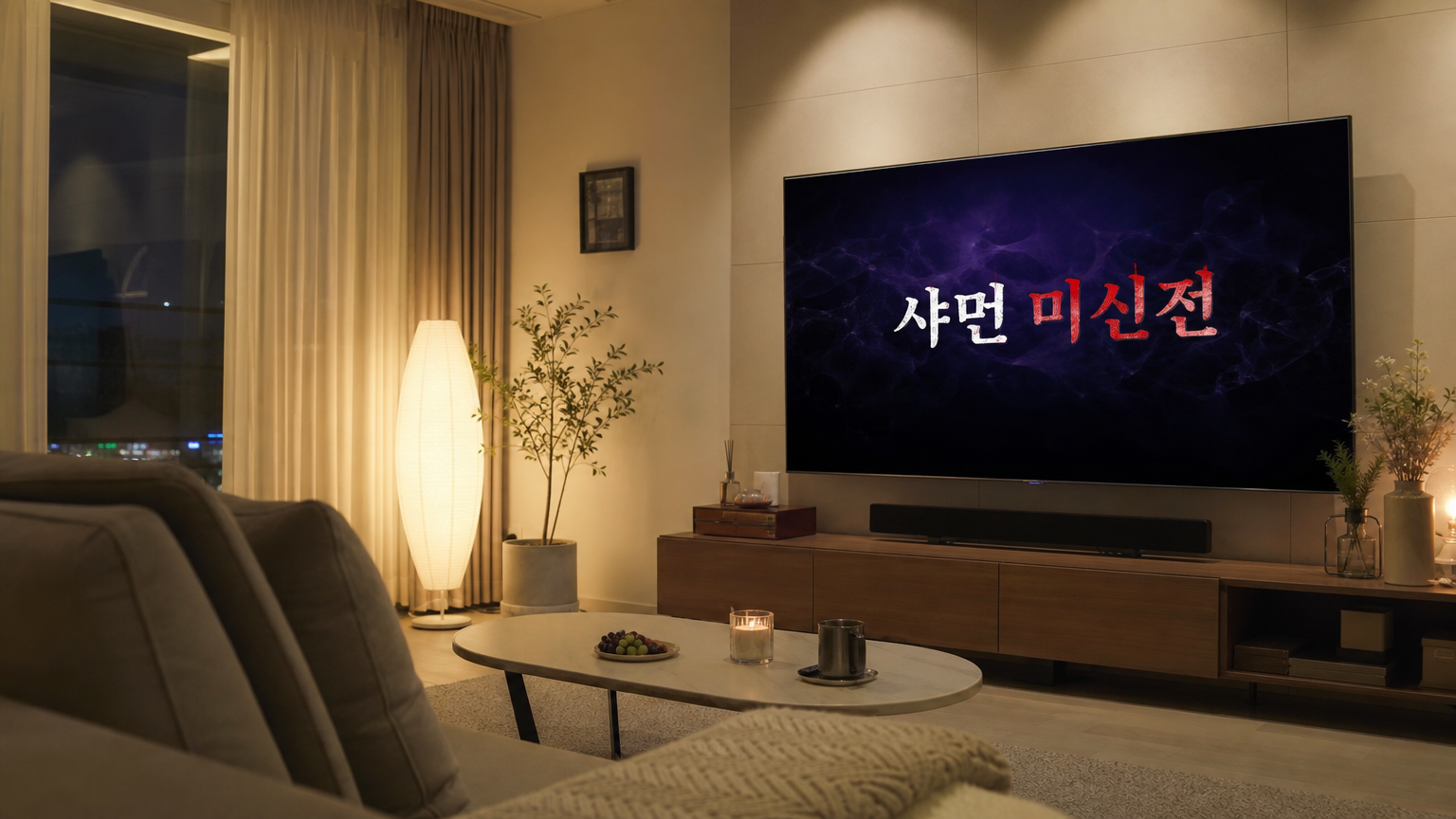 현대적인 한국 거실에서 큰 TV 화면에 '샤먼 미신전' 제목이 보이는 모습