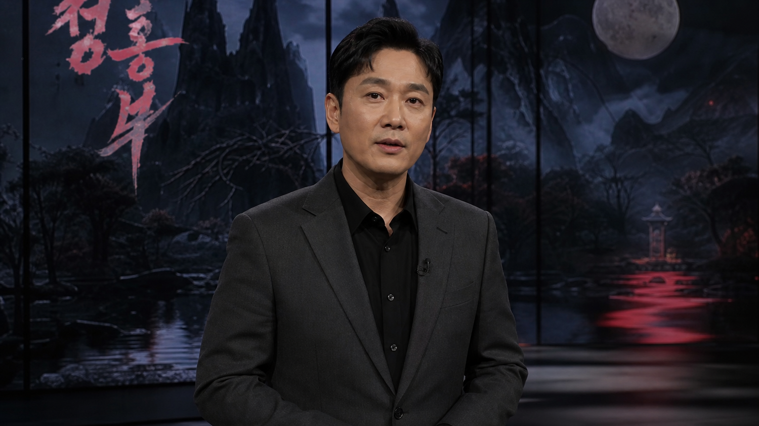 초자연적인 배경 앞에 서서 설명하는 한국 프레젠터의 모습
