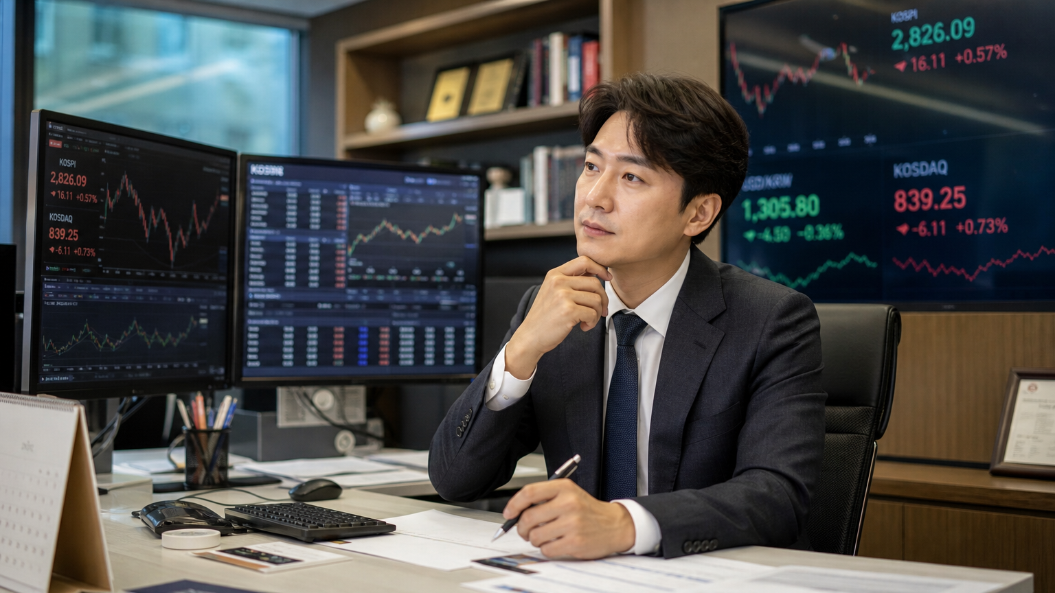 현대 사무실에서 주식 시장 차트를 보며 생각에 잠긴 재정 상담사