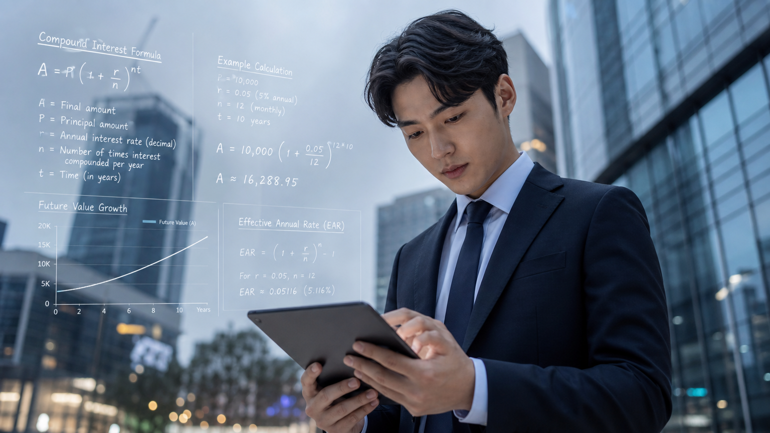 도시 환경에서 디지털 태블릿으로 데이터를 분석하는 젊은 전문가와 복잡한 수학 공식 및 복리 이자 다이어그램