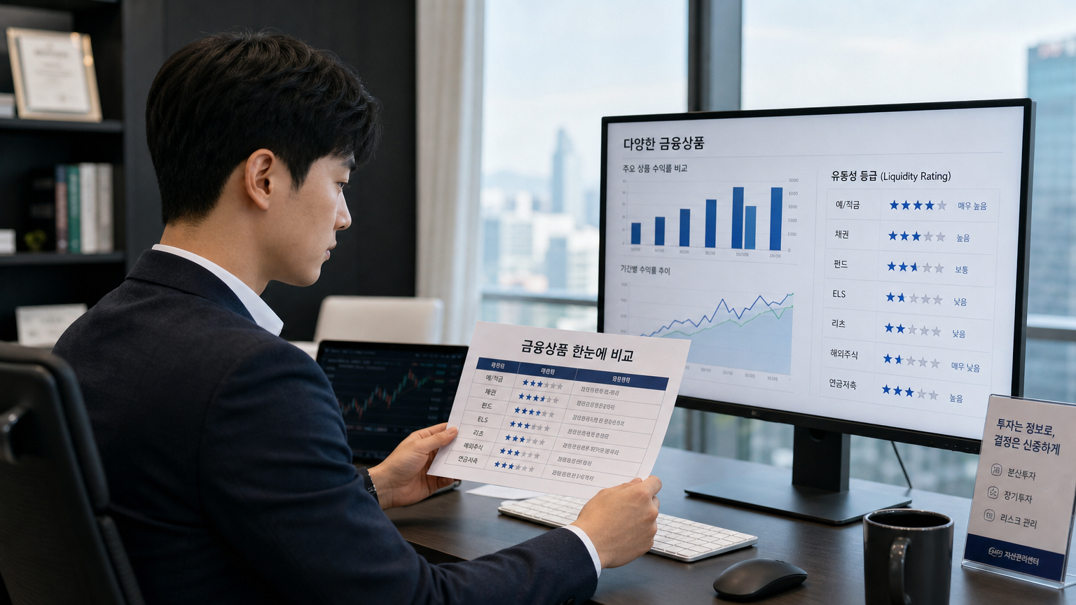 세련된 사무실 환경에서 다양한 금융 제품과 유동성 등급을 검토하는 투자자