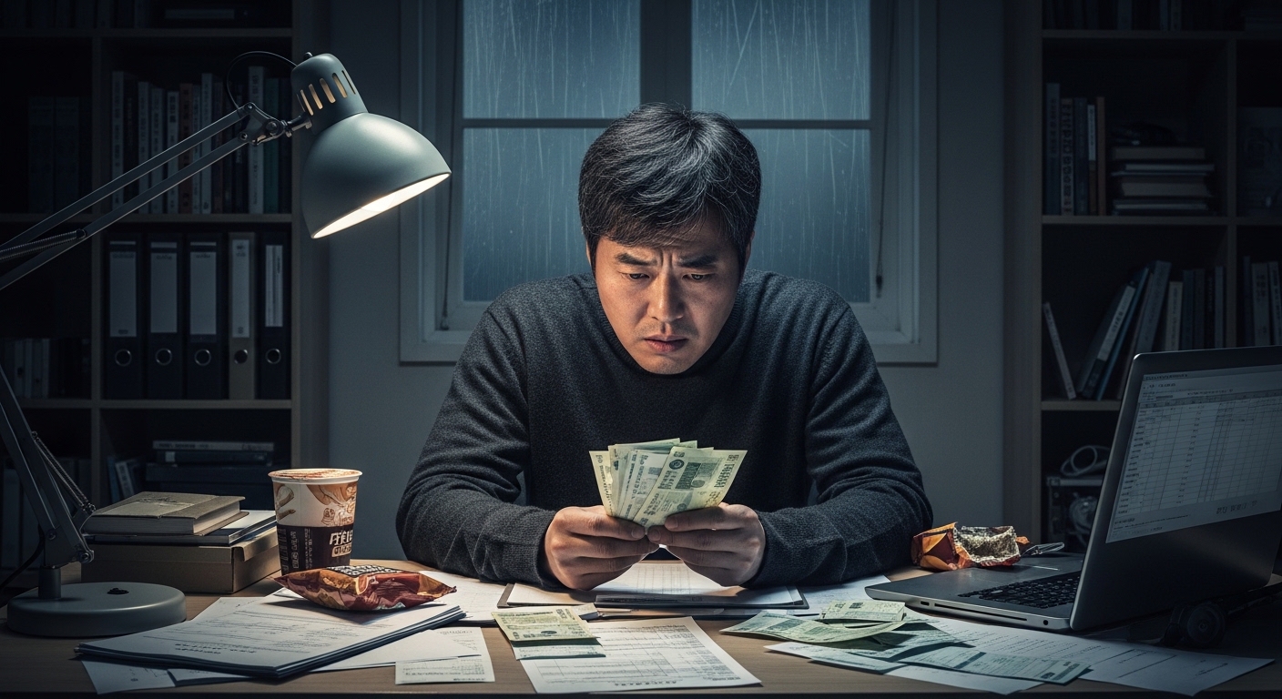 늦은 밤 책상에 앉아 청구서와 서류를 보며 걱정스러운 표정을 짓고 있는 남성