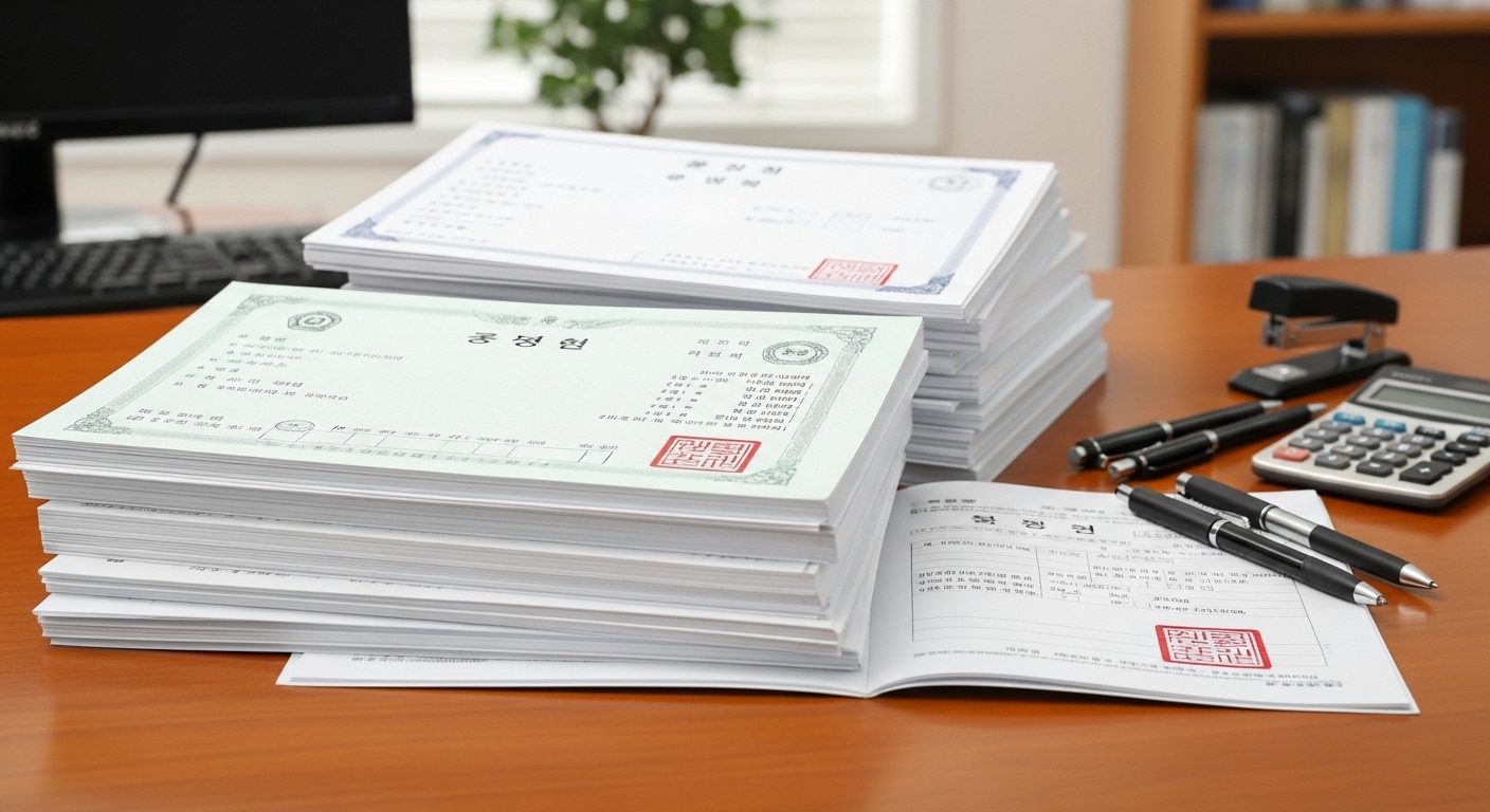 사무실 책상 위에 정리된 법률 서류 더미