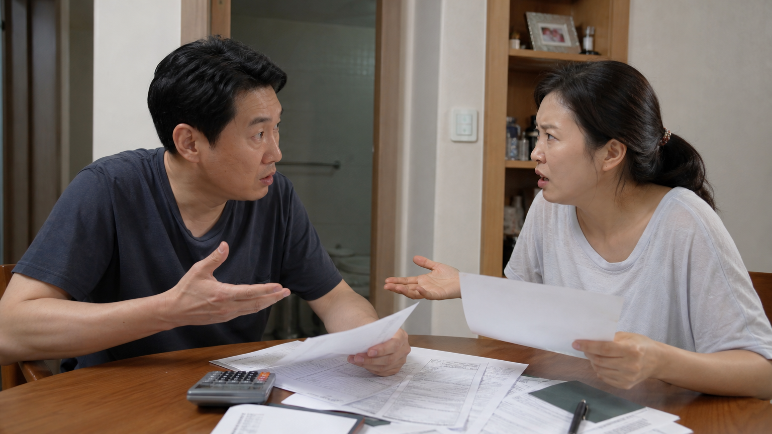 식탁에서 재정 서류를 놓고 격렬하게 토론하는 성인들
