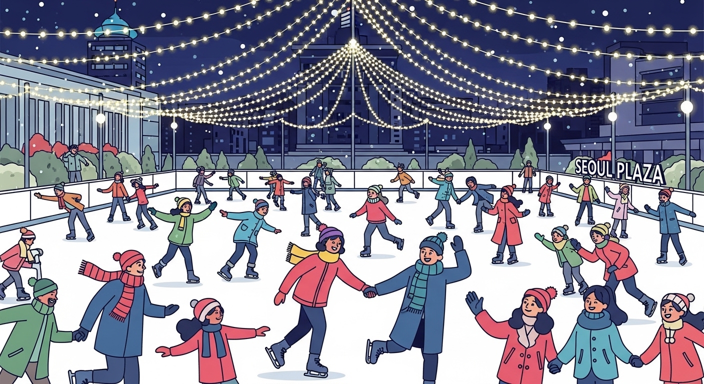 반짝이는 조명 아래서 야간 연말 스케이팅을 즐기는 모습