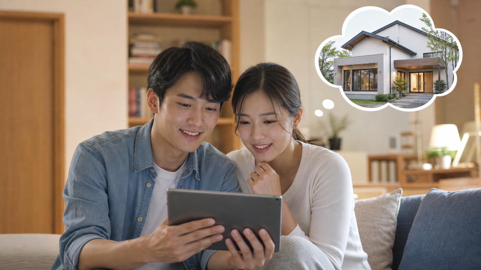 현대적인 거실에서 태블릿을 보며 새 집 구매를 상상하는 젊은 커플의 모습