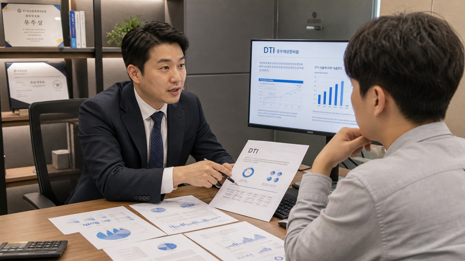 사무실에서 금융 전문가가 젊은 직장인에게 DTI를 설명하는 장면