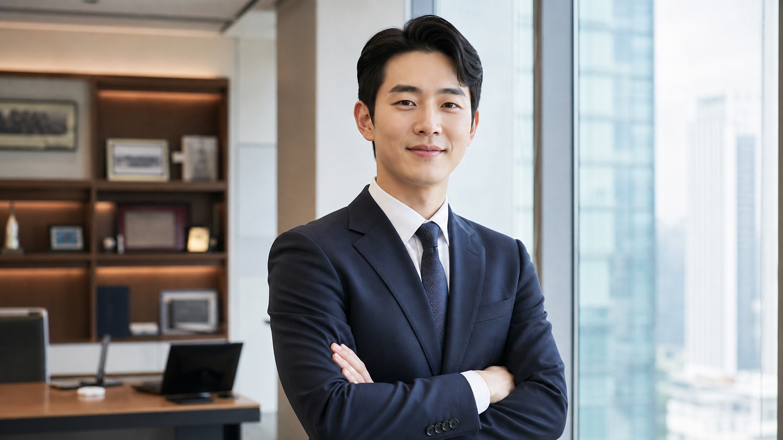 현대적인 사무실에서 자신감 있게 서 있는 한국 사업가
