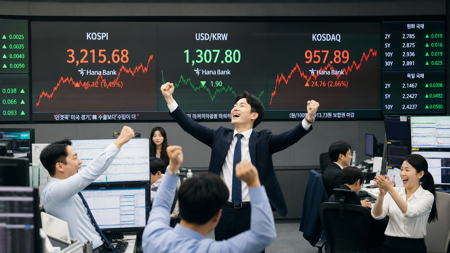 매출 증가를 축하하는 한국 비즈니스 사람들