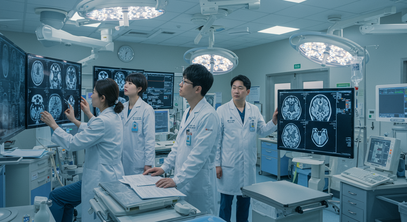 현대식 한국 병원에서 의사들이 첨단 기술로 뇌 MRI 영상을 분석하는 장면