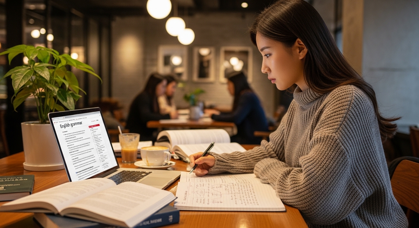카페에서 영어 문법을 공부하는 현대적 감각의 학생 모습