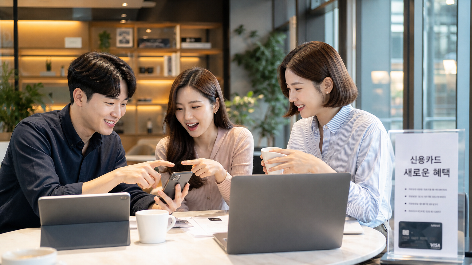 스타일리시한 카페에서 새 신용카드 혜택에 대해 토론하는 현대적인 사람들