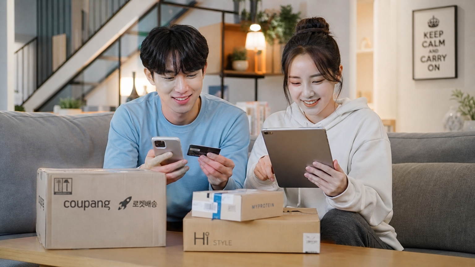 집에서 스마트폰과 태블릿을 이용해 온라인 쇼핑하는 젊은 세대