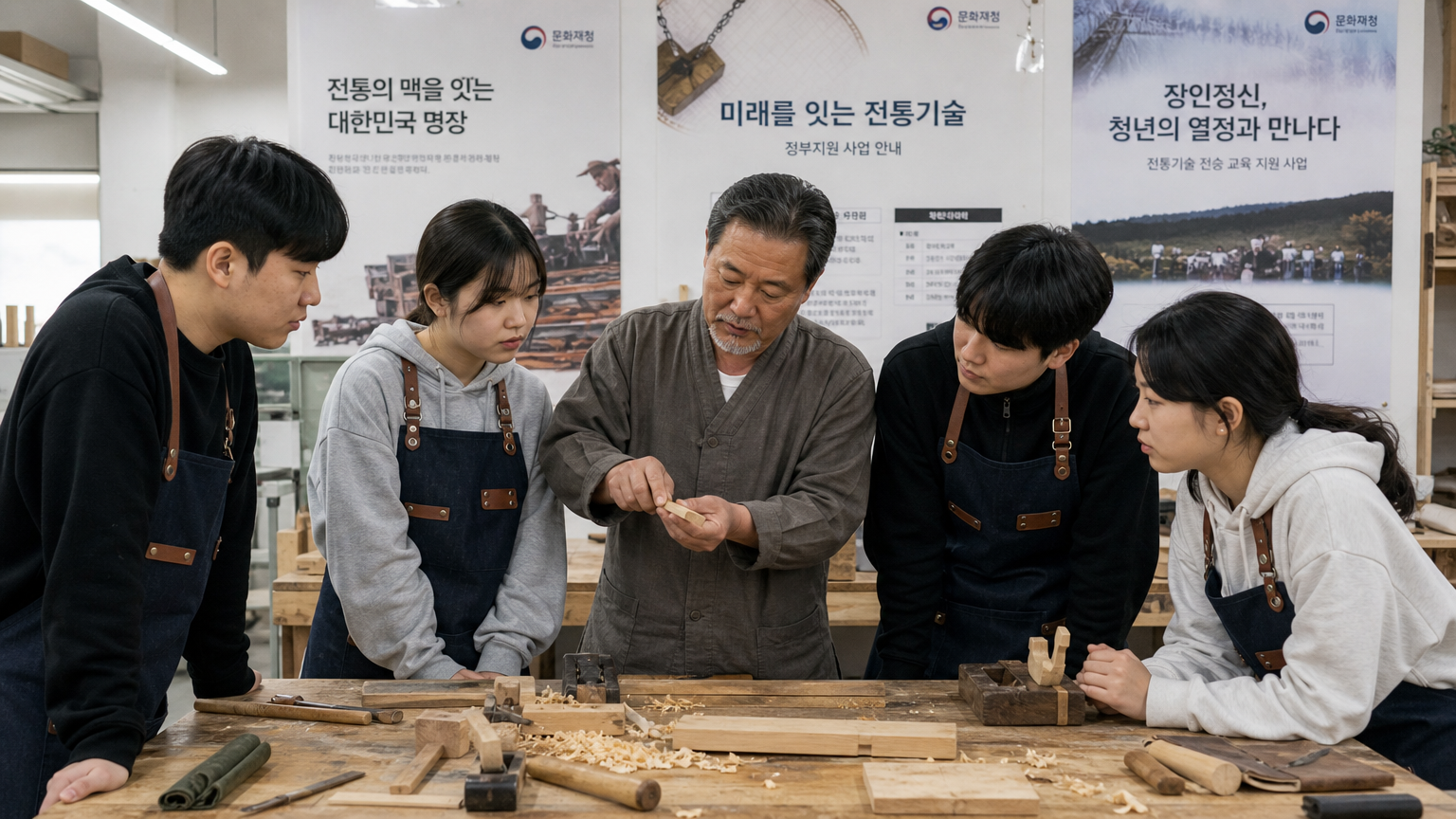 한국의 명장이 현대적인 작업장에서 젊은 제자들에게 전통 공예 기술을 가르치는 활기찬 모습