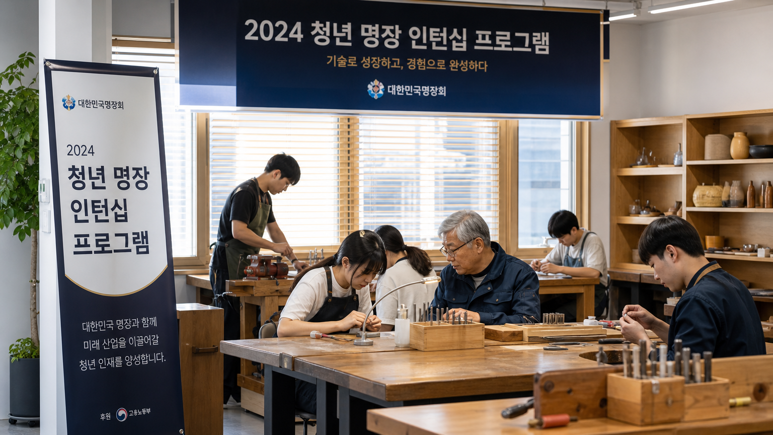현대적인 교육센터에서 한국 장인들과 젊은이들이 함께 공예를 배우는 모습