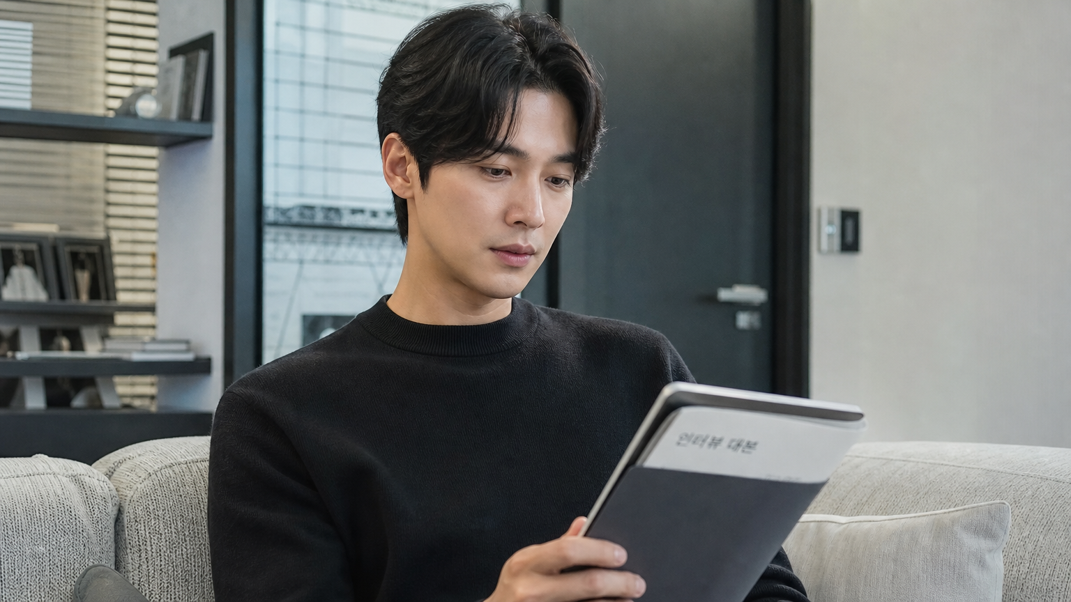 현대적인 실내에서 태블릿을 보며 인터뷰 스크립트를 읽는 배우의 사려 깊은 모습