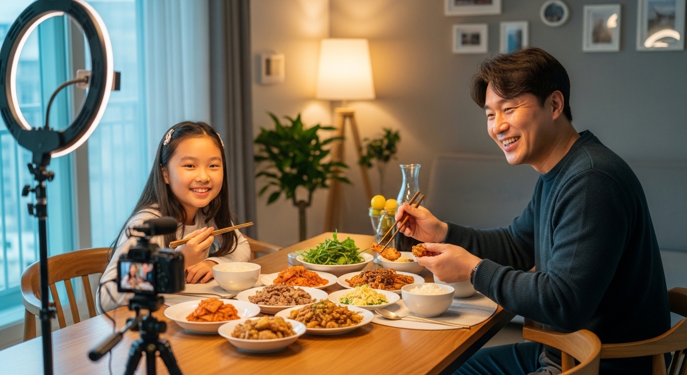집에서 식사를 하며 온라인 콘텐츠를 촬영하는 아빠와 딸의 따뜻한 장면