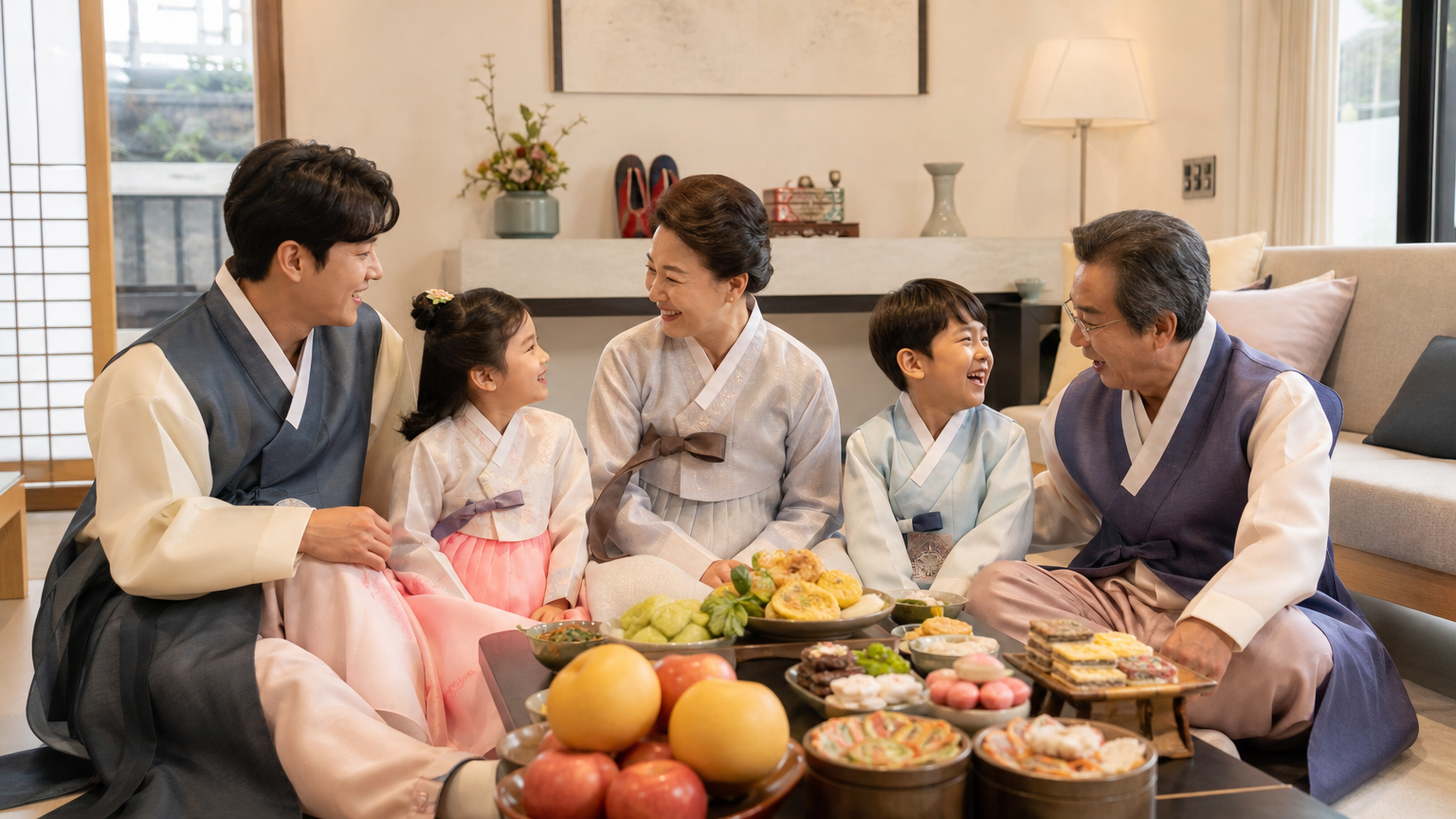 추석 명절에 가족들이 거실에서 모여 앉아 전통 음식을 나누며 즐거운 시간을 보내는 모습