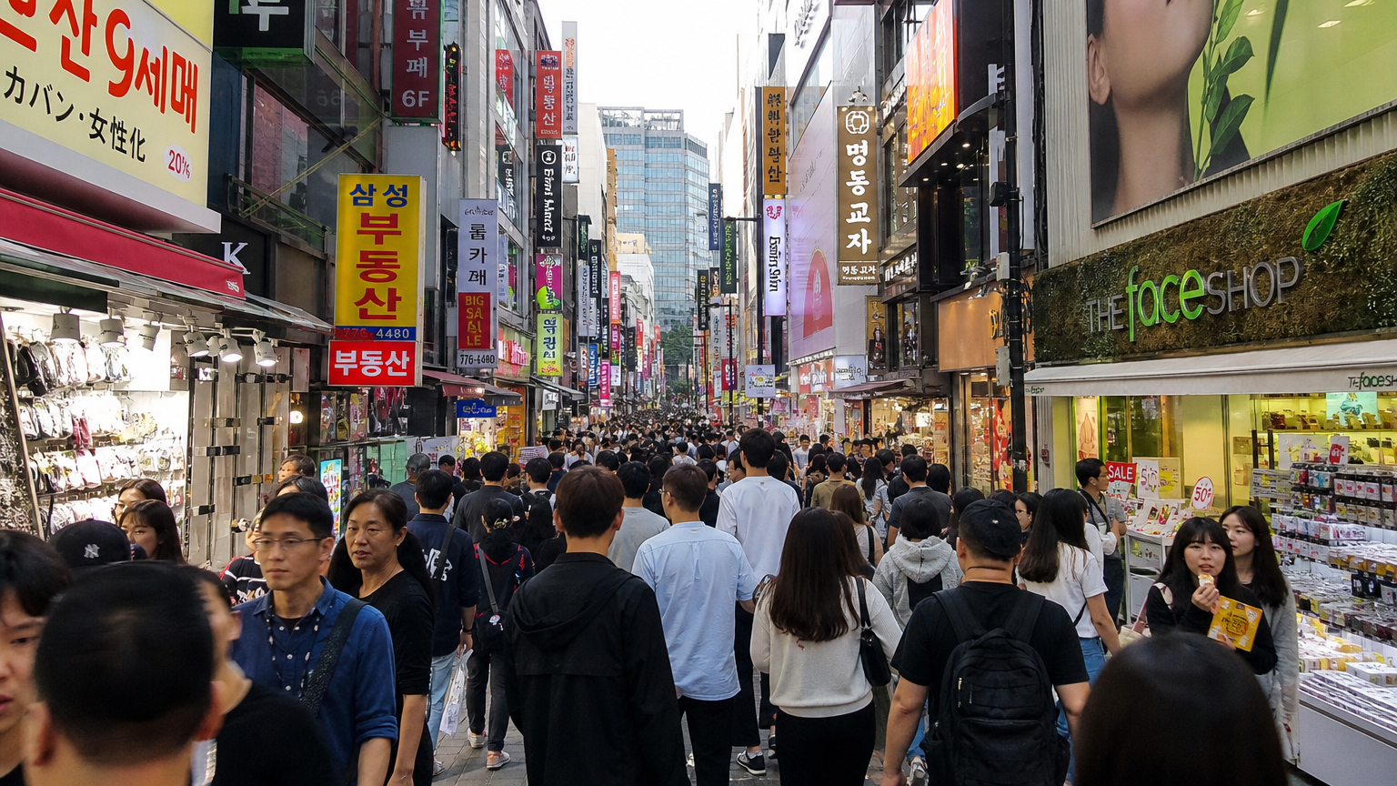 장기 연휴 기간 동안 사람들로 붐비는 활기찬 한국 쇼핑 거리 풍경