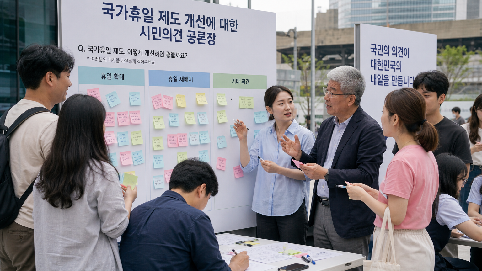 다양한 한국 시민들이 공청회나 설문조사에서 공휴일 정책에 대한 의견을 나누는 모습