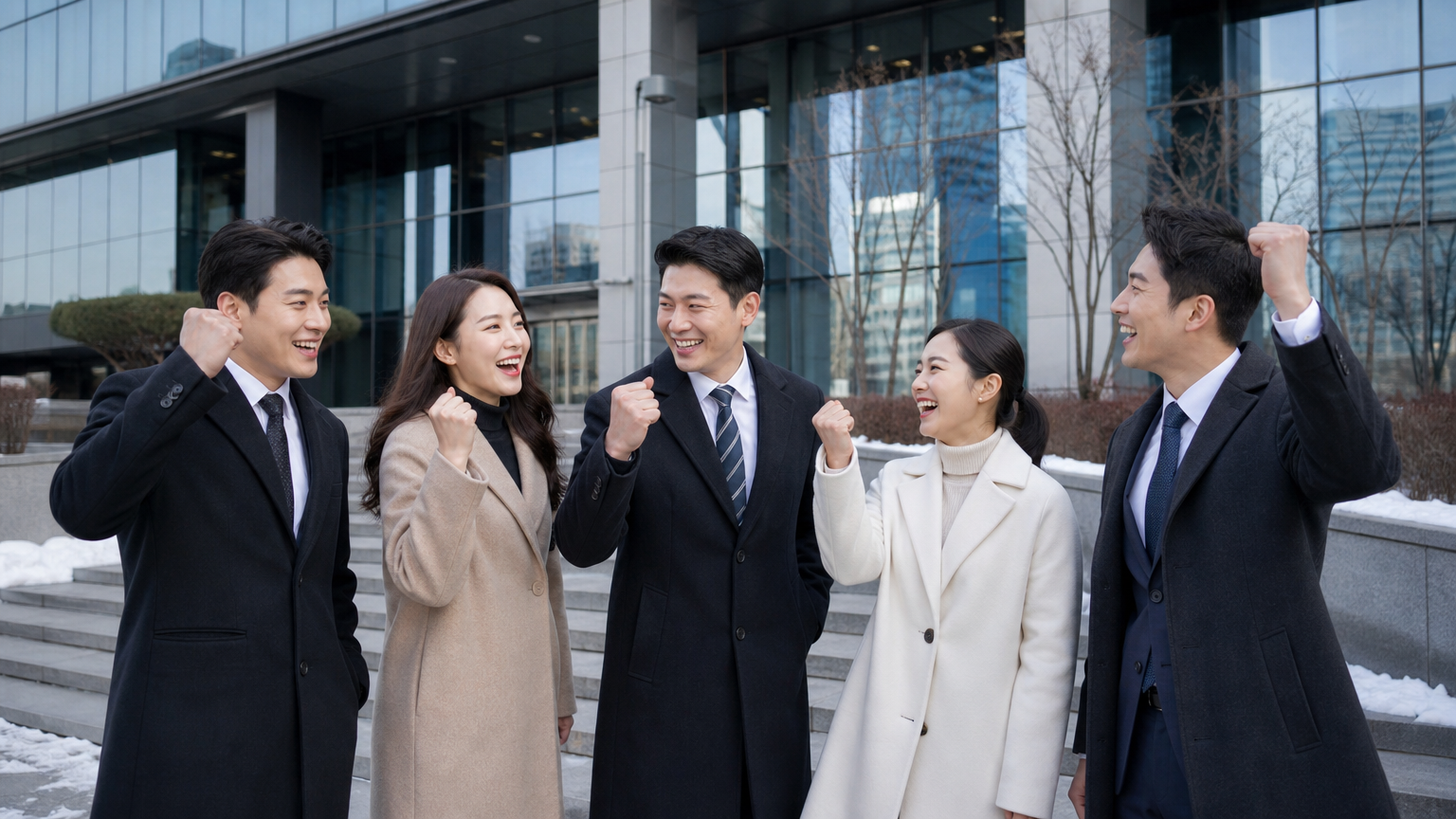 현대적인 한국의 사무실 건물 앞에서 겨울 옷을 입고 기뻐하는 직장인들