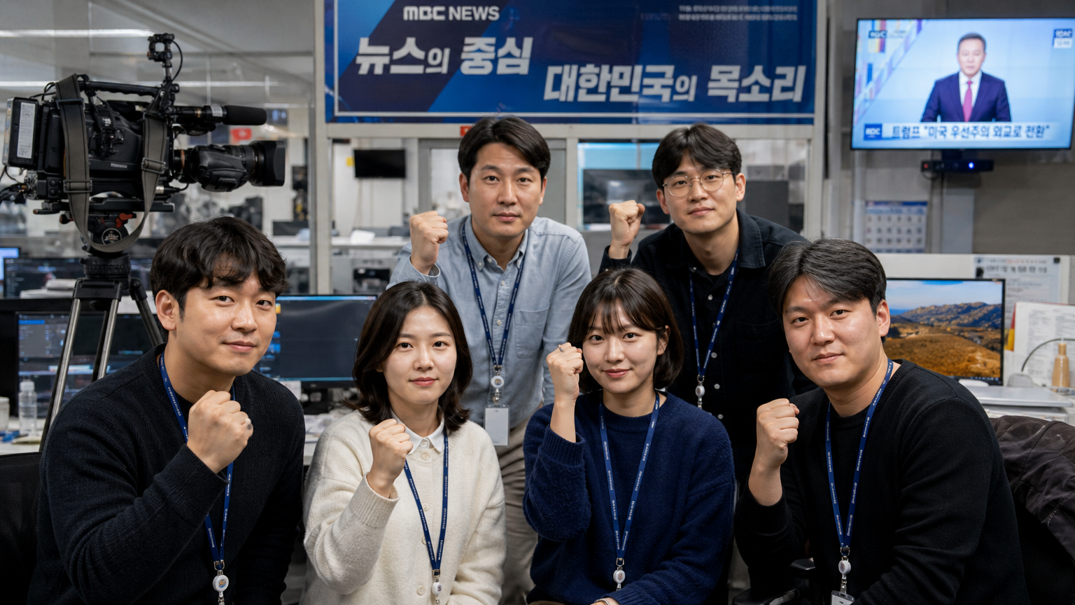 뉴스룸에서 카메라와 컴퓨터를 배경으로 희망에 찬 얼굴로 서 있는 여섯 명의 기자들