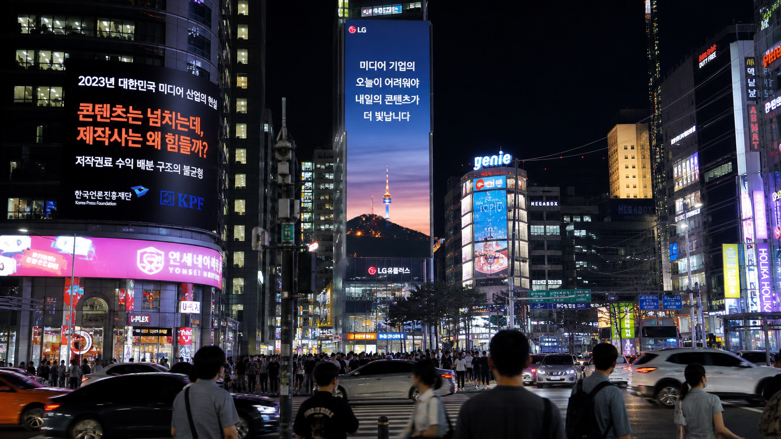 서울의 밤거리에서 네온사인과 광고가 반짝이는 모습