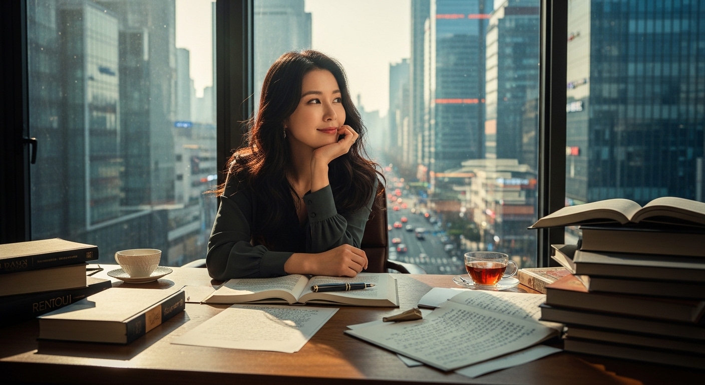 책과 원고 더미가 놓인 책상에 앉아 창밖 도시를 바라보는 여성