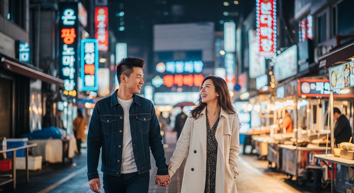 서울 밤거리에서 손을 잡고 걷는 커플