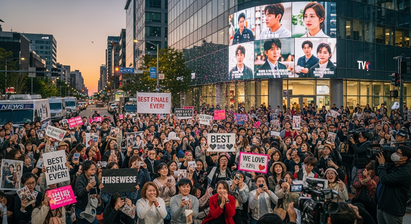 인기 드라마 종영 후 TV 스튜디오 앞에 모인 팬들의 열띤 환호 장면