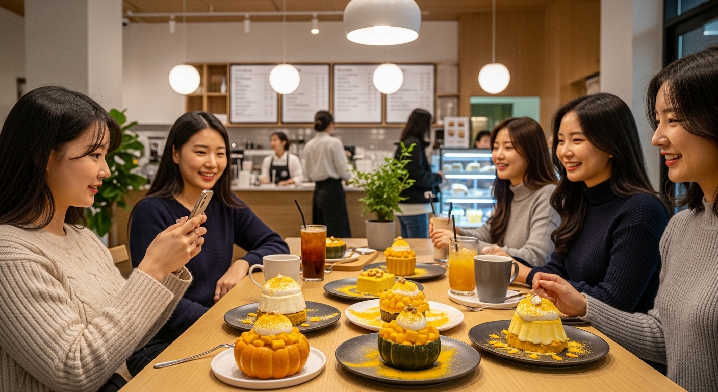 현대적인 카페에서 젊은이들이 호박인절미 디저트를 즐기며 사진을 찍는 모습
