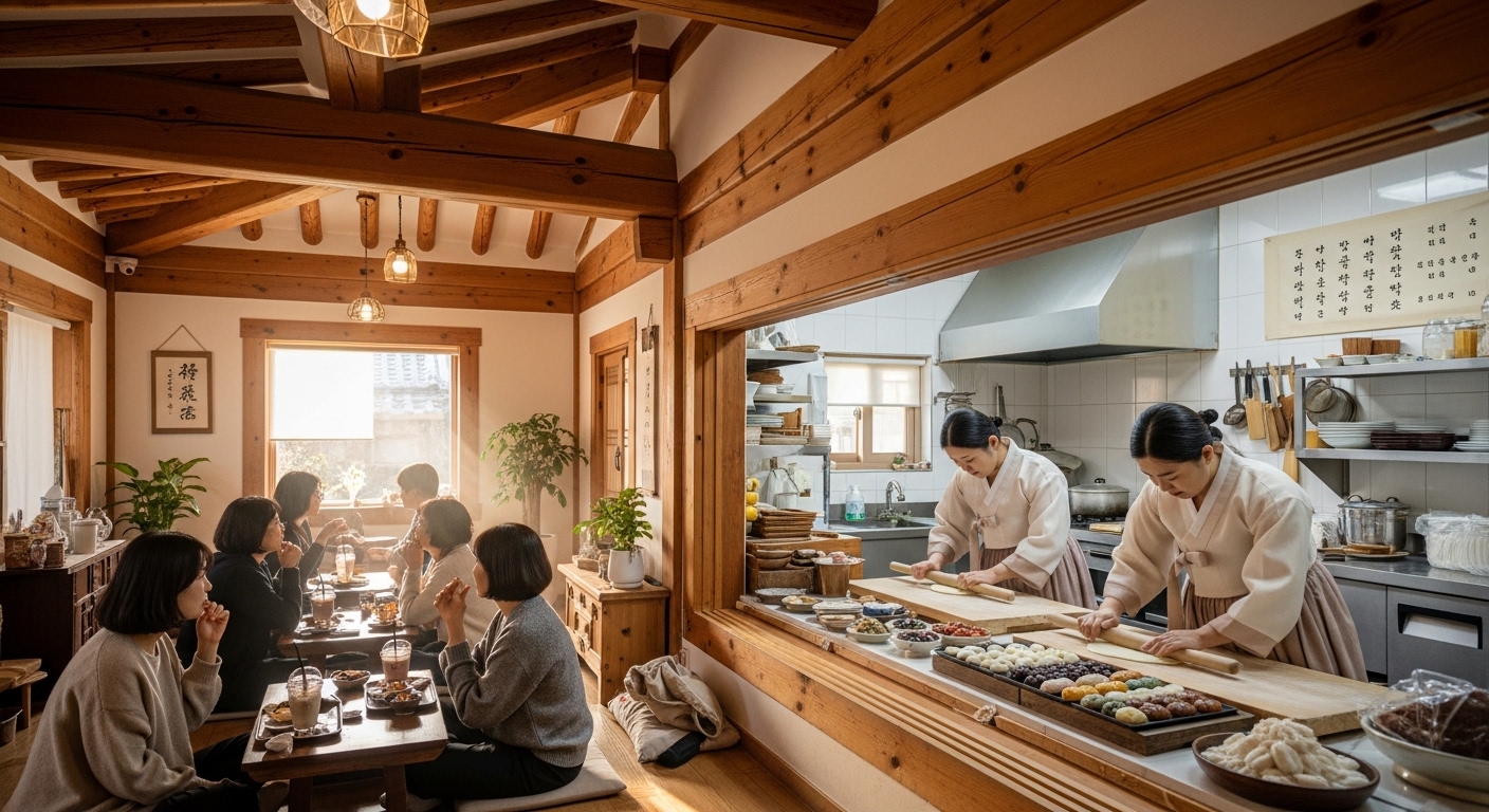 한옥 스타일 카페에서 손님들이 오픈 키친을 통해 전통 디저트 만드는 모습을 지켜보는 장면