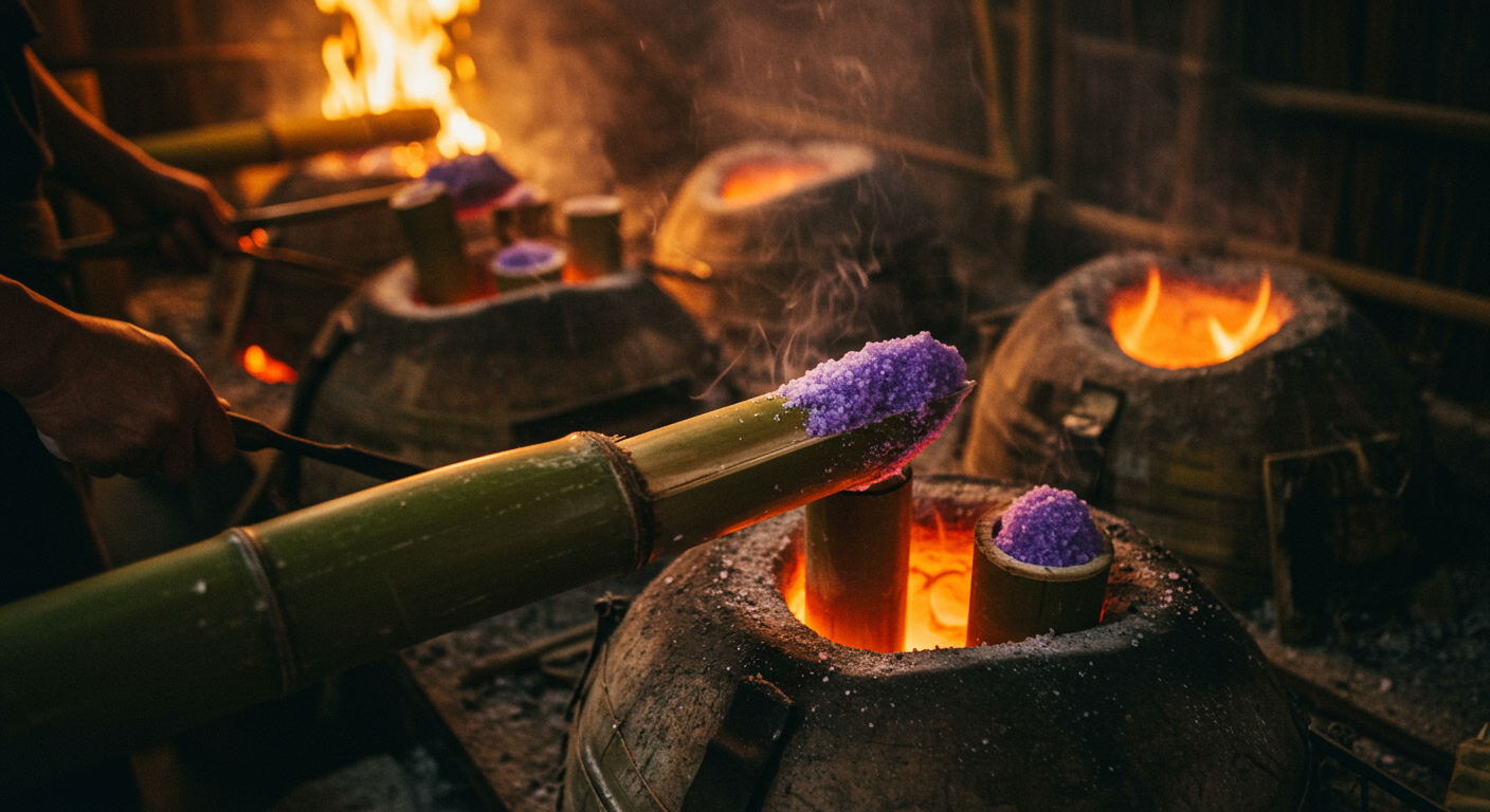 대나무통과 고온의 가마로 전통 방식으로 제작되는 자죽염의 모습
