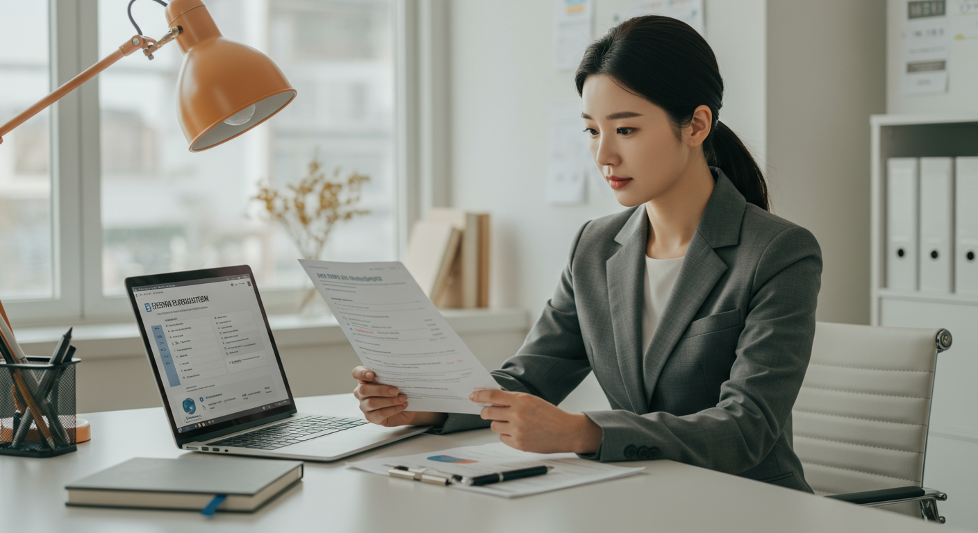 사무실에서 개인회생 자격 요건을 노트북으로 검토하는 여성