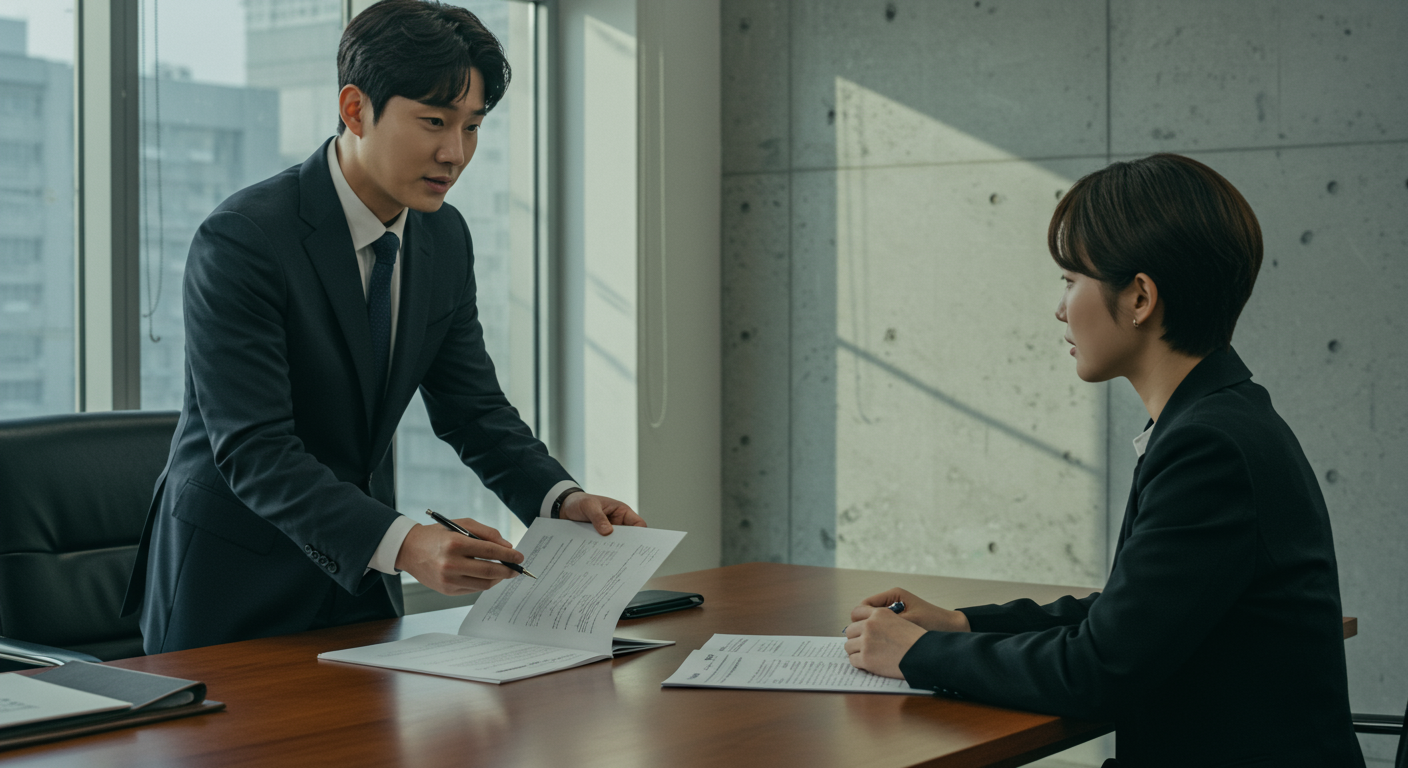 현대적인 법률 사무소에서 변호사와 상담하며 서류로 가득한 테이블 위에서 비용 논의