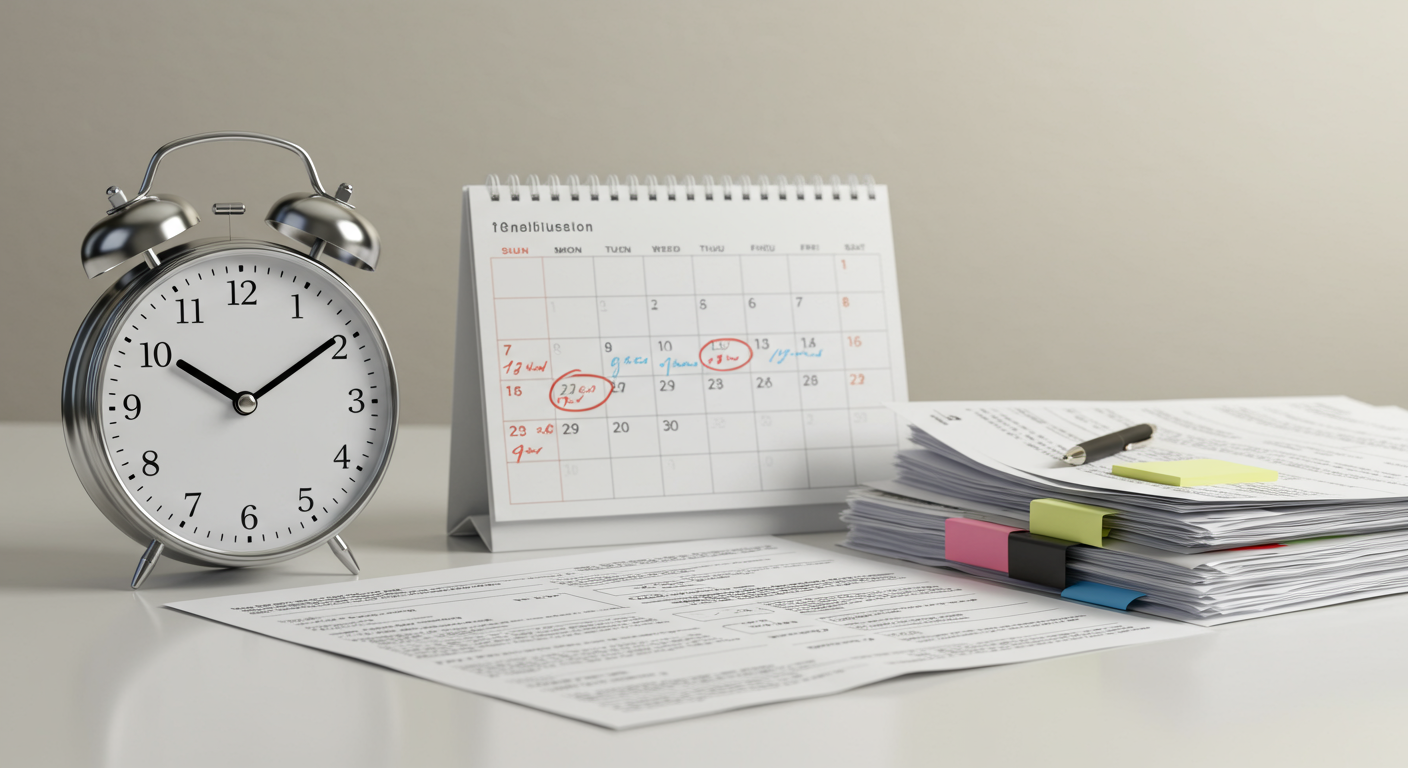 책상 위에 놓인 시계와 달력이 정리된 서류 옆에 위치하여 절차의 시간을 상징