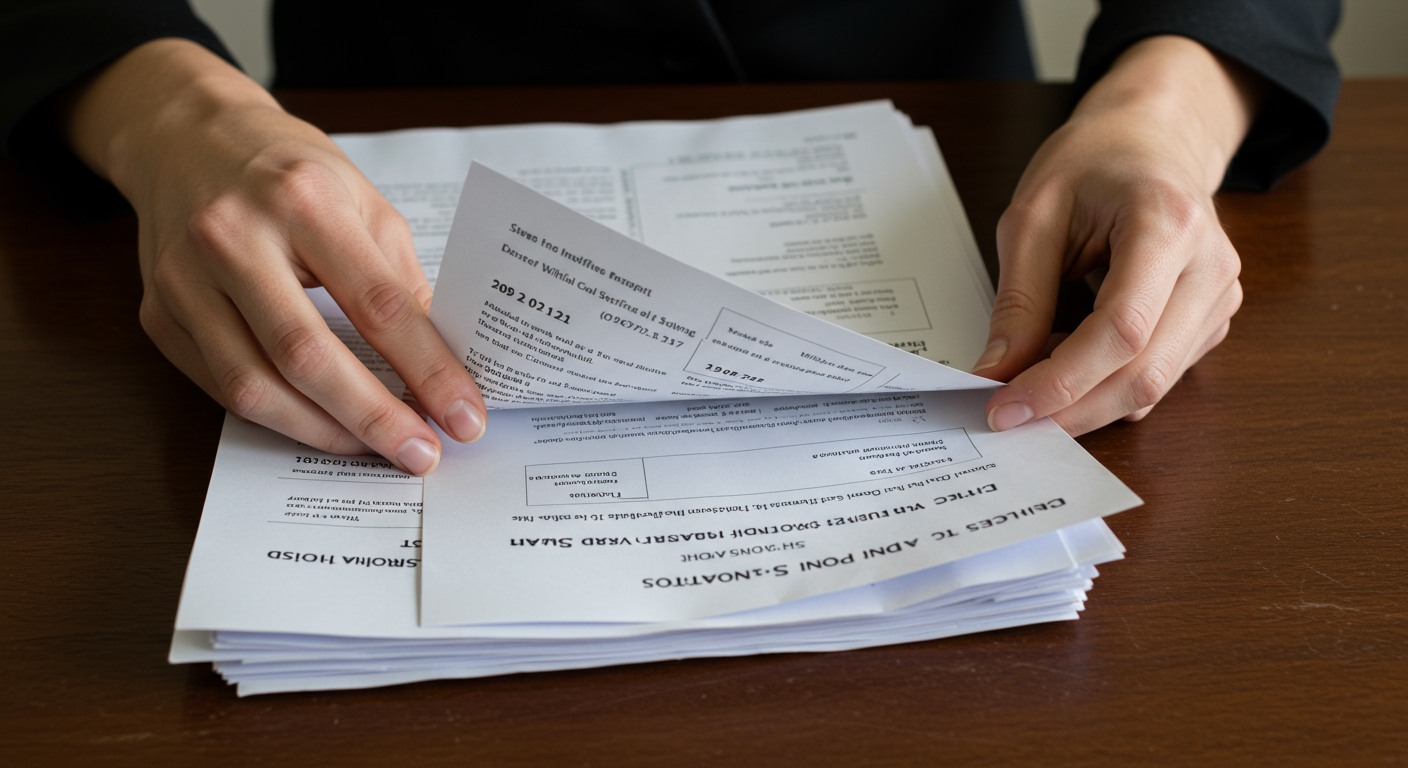 나무 책상 위에서 부채 증명서 및 소득 증빙 등 여러 중요한 서류를 정리하는 모습