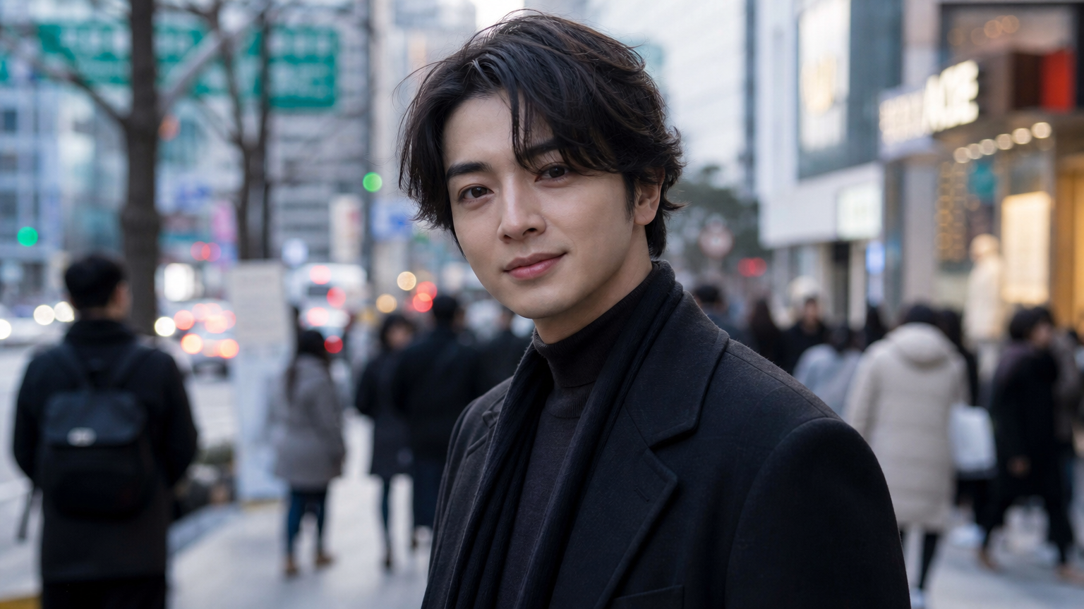 서울 거리에서 스타일리시한 옷을 입고 부드러운 미소와 카리스마 넘치는 눈빛을 가진 배우 모습