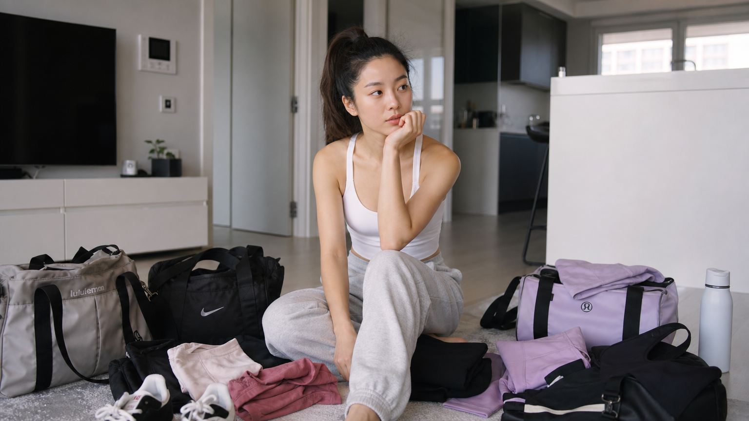 현대적 아파트에서 다양한 운동 가방과 운동복을 두고 고민하는 여성의 모습