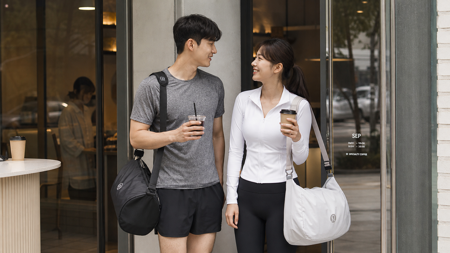 세련된 도심 카페에서 애슬레저룩을 입은 젊은 커플과 그들의 옷에 잘 어울리는 룰루레몬 가방