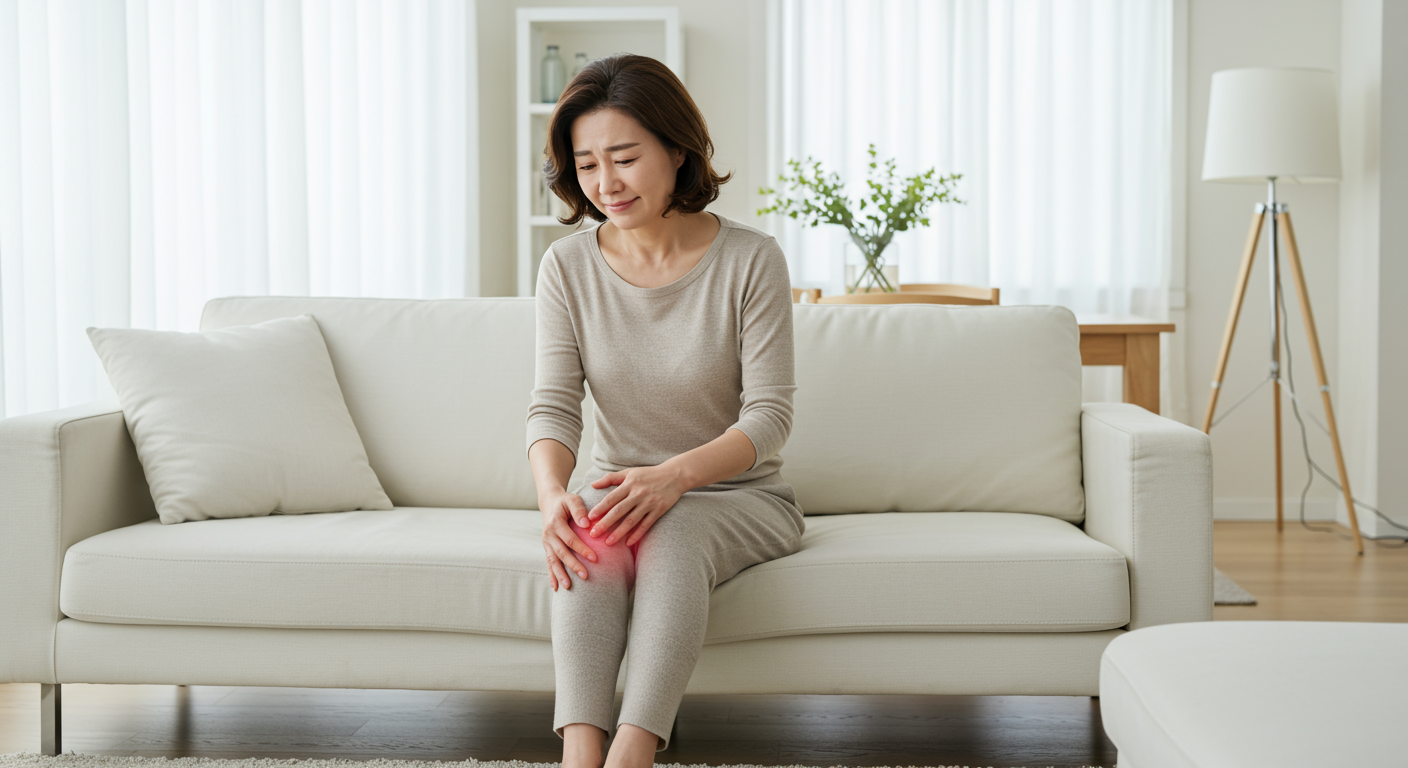 40대 여성이 현대적 거실 소파에 앉아 무릎 통증을 느끼고 있는 모습