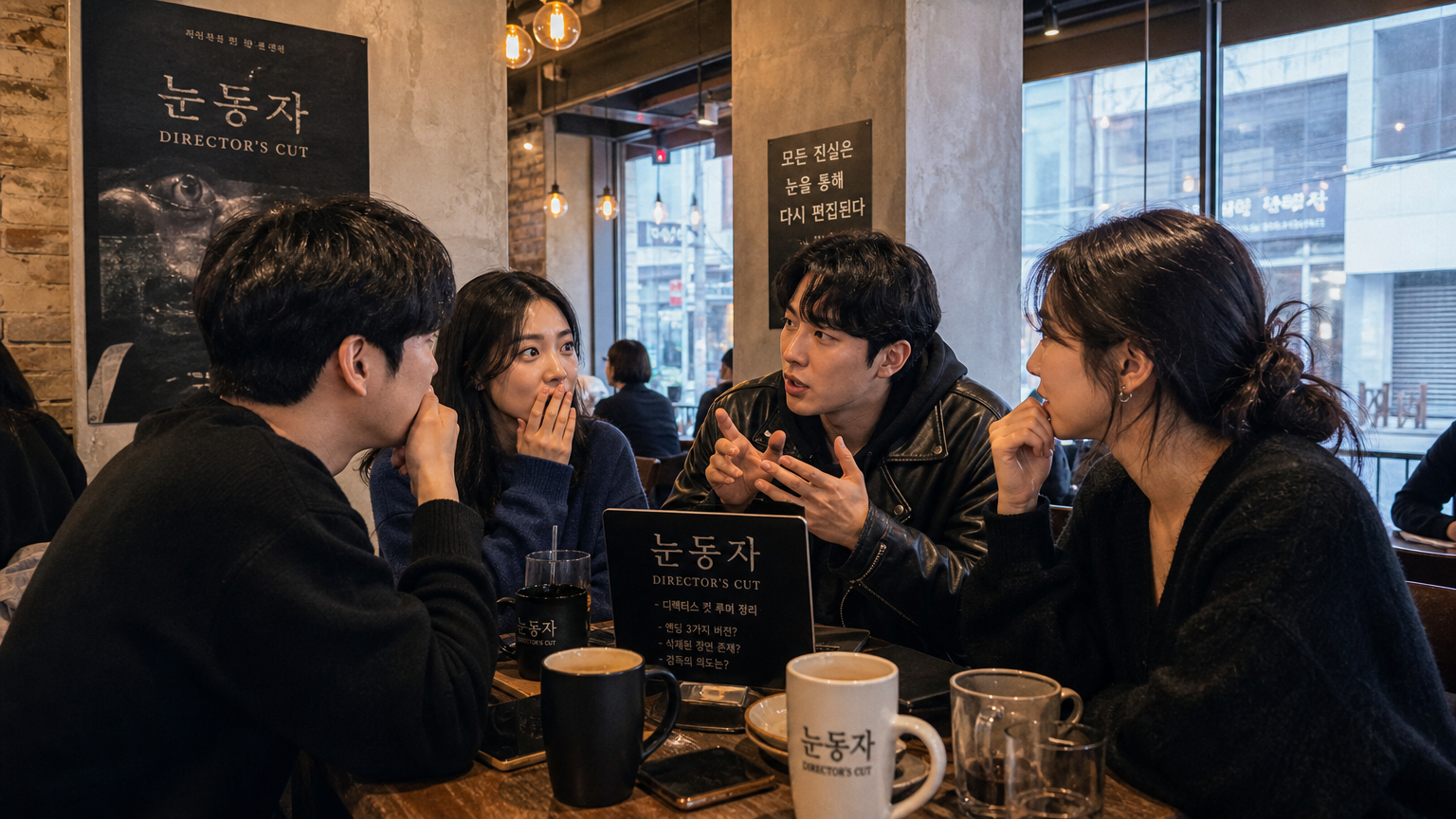 서울 카페에서 '눈동자' 감독판 소문에 대해 토론하는 친구들
