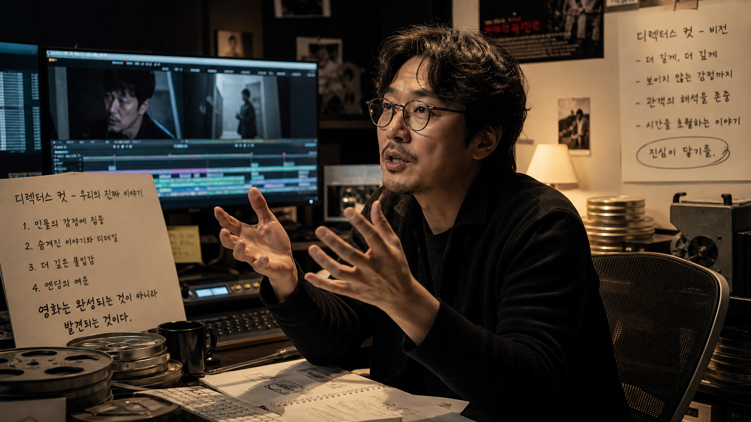 편집실에서 자신의 비전을 설명하는 한국인 영화감독