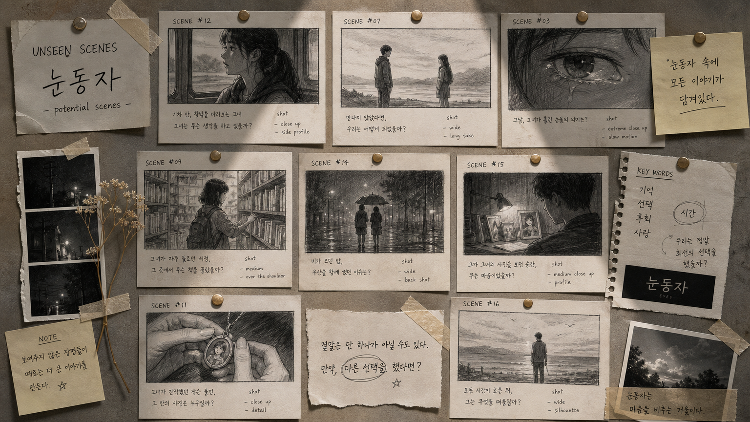공개되지 않은 장면을 보여주는 스토리보드 스케치