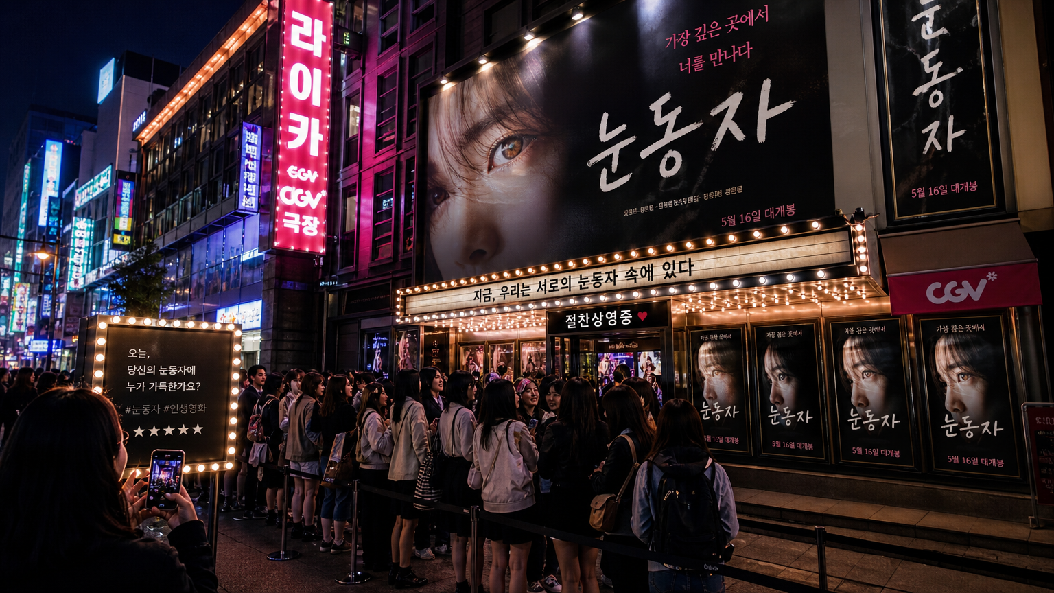 한국 극장 외부와 긴 줄을 선 관객들