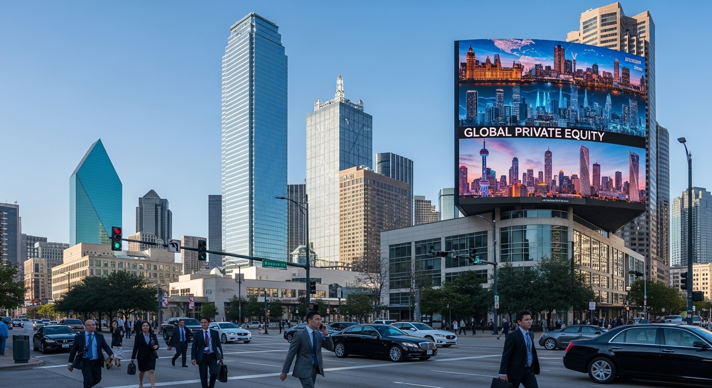 텍사스주 댈러스 도심의 현대적인 고층 빌딩과 국제 비즈니스 활동을 보여주는 장면